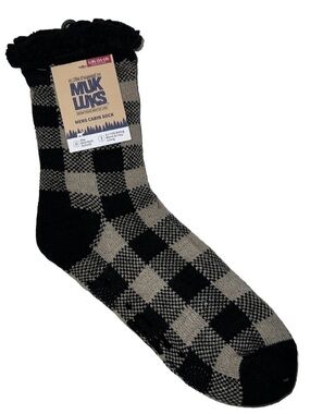 Muk Luks Cabin Socks Black & Tan Squares Mens L/XL 11-13 Slip Grippers NWT